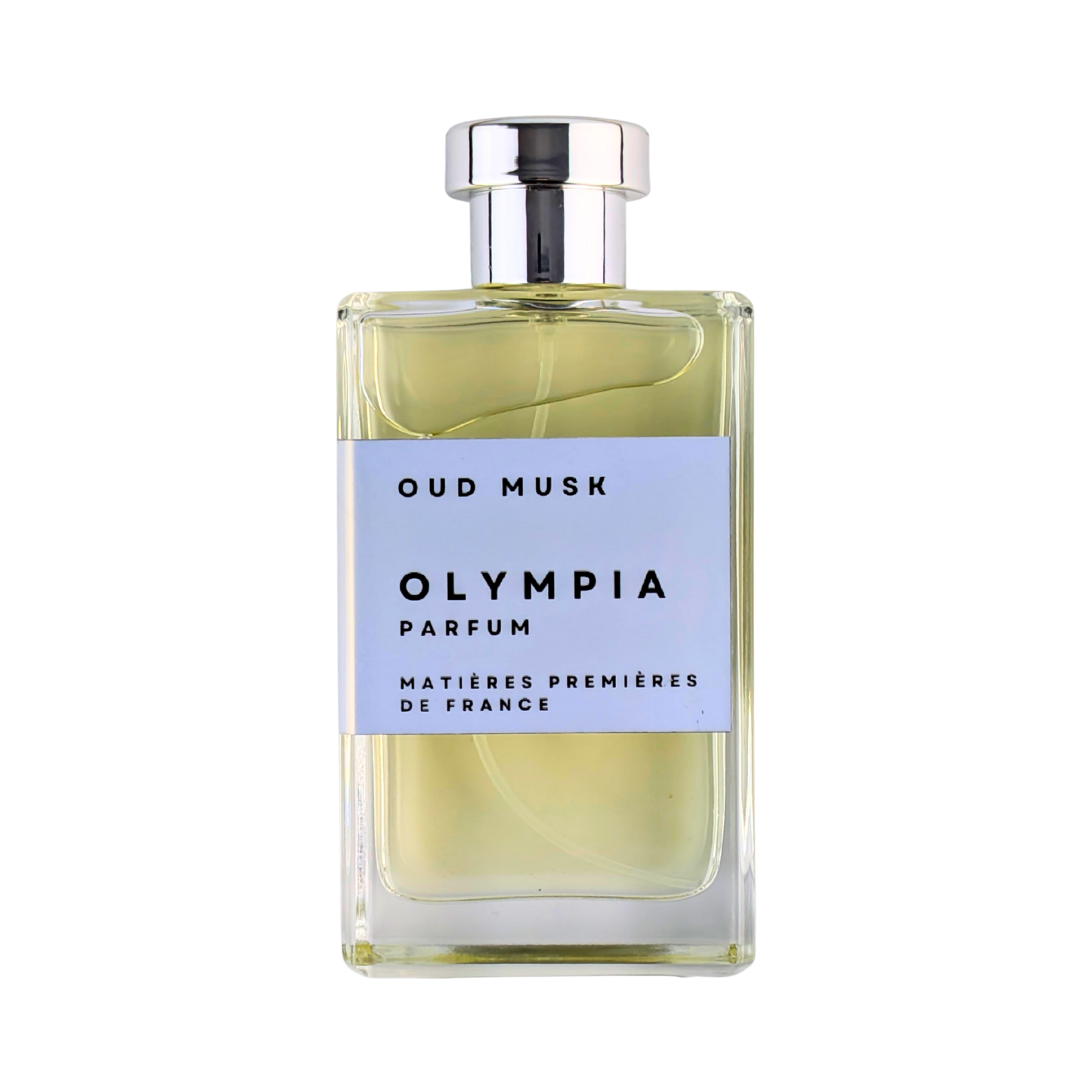 Perfume bottle labeled 'Oud Musk Olympia Parfum' on a white background