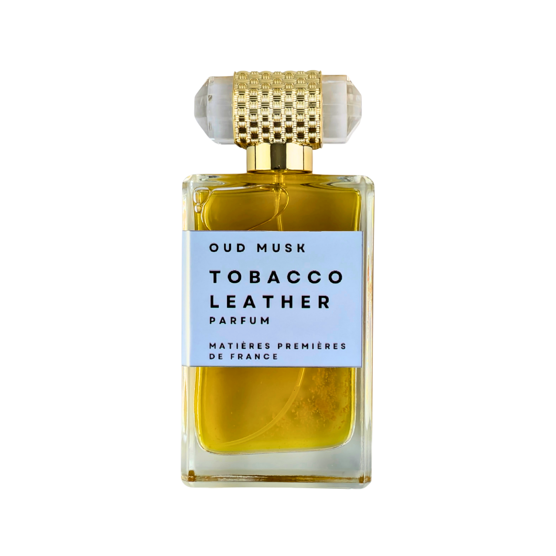 Perfume bottle labeled 'Tobacco Leather' by Matieres Premiere de France on a white background