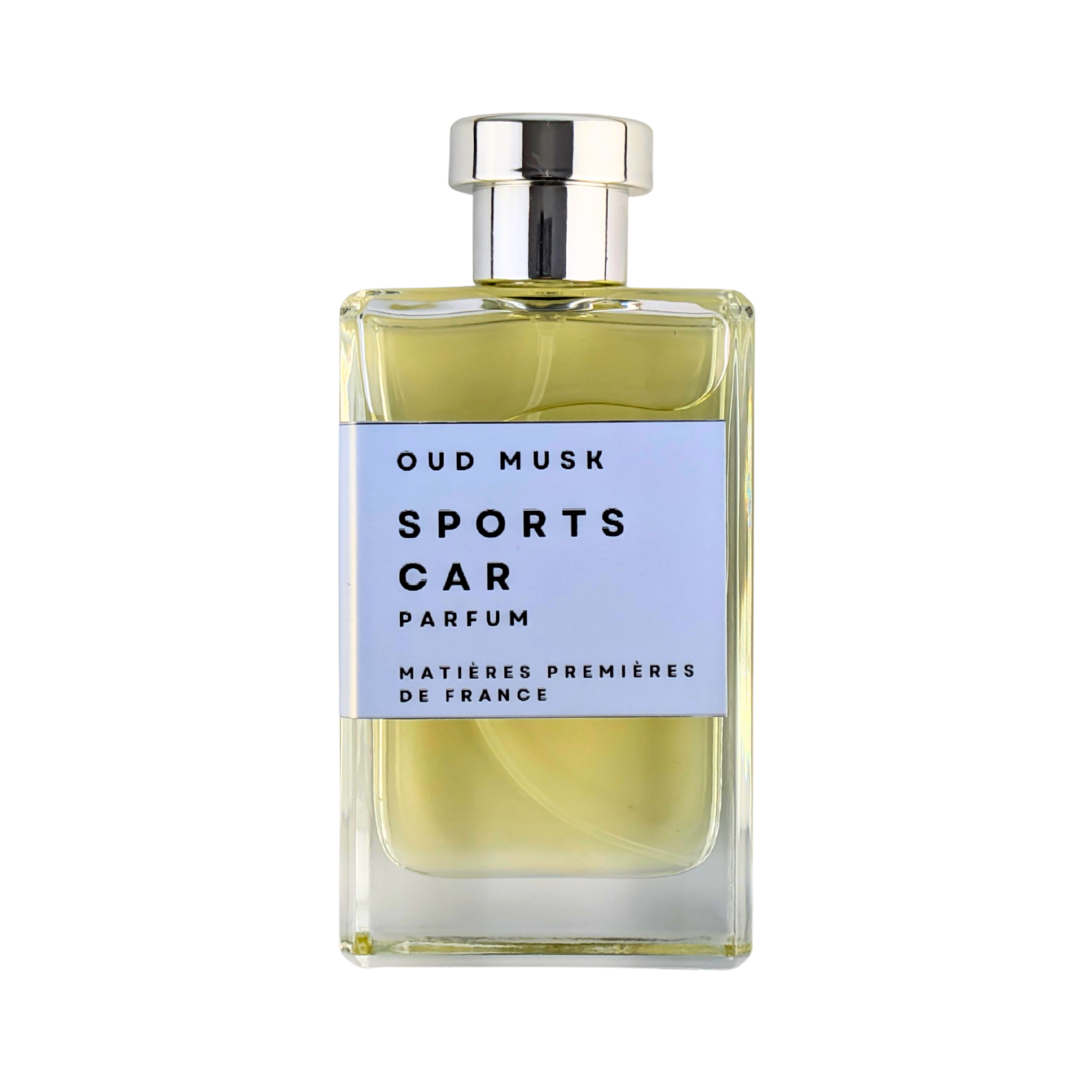Perfume bottle labeled 'Oud Musk Sports Car Parfum' on a white background