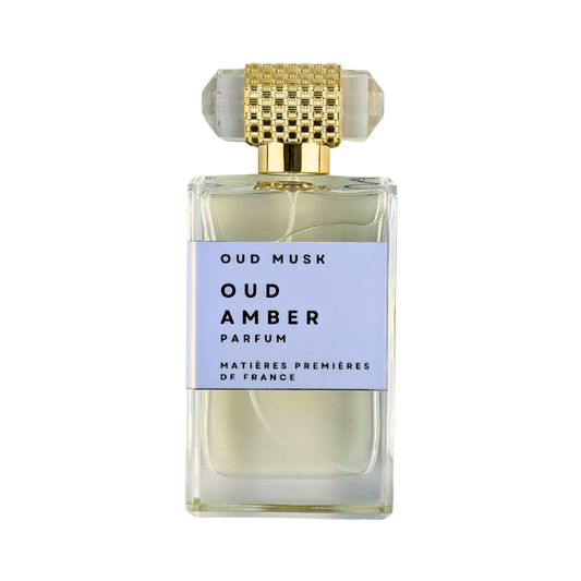 Perfume bottle labeled 'Oud Musk Oud Amber Parfum' by Matieres Premiere de France on a white background
