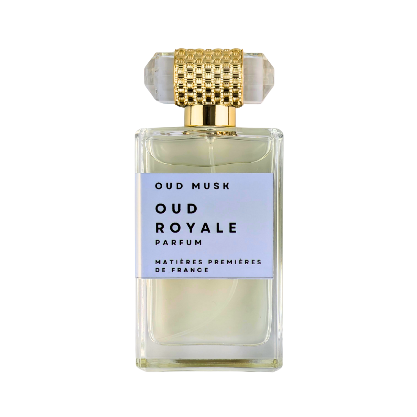 Perfume bottle labeled 'Oud Musk Oud Royale' on a white background