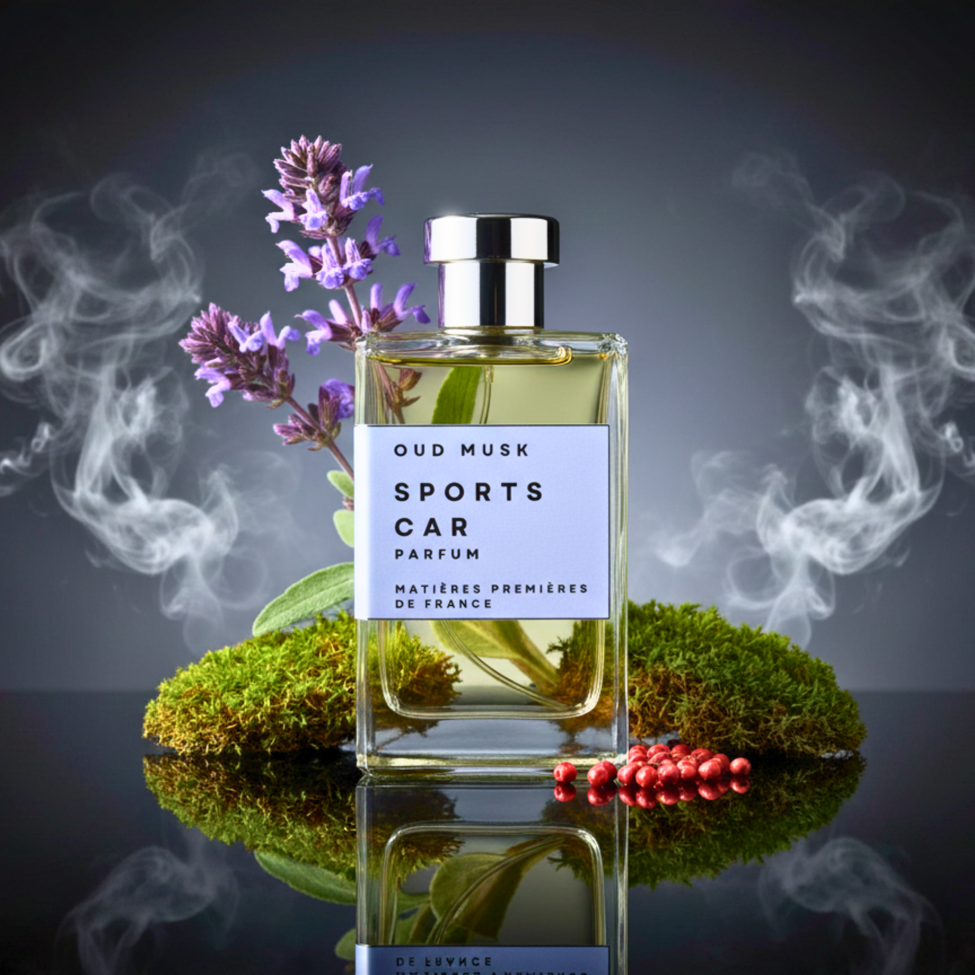 Perfume bottle labeled 'Oud Musk Sports Car Parfum' with lavender and smoke effects on a dark background