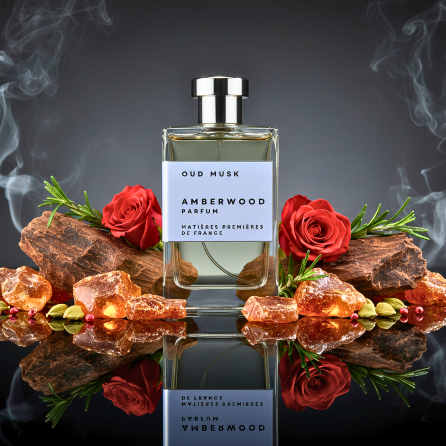 Amberwood perfume bottle with red roses and amber stones on a reflective surface