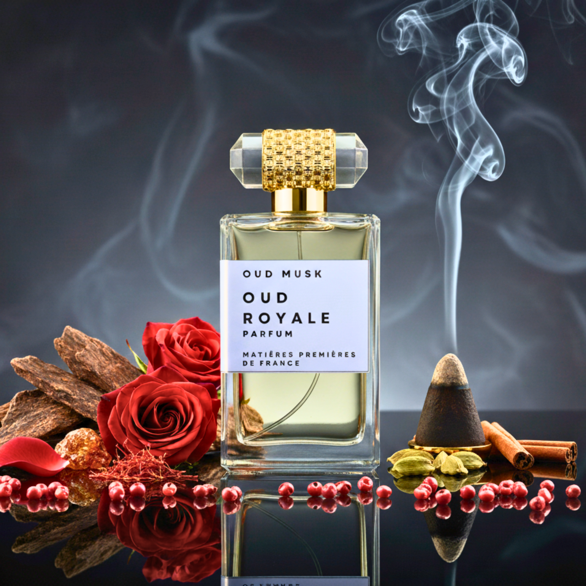 Oud Musk Oud Royale perfume bottle with roses, cinnamon, and smoke on a reflective surface.