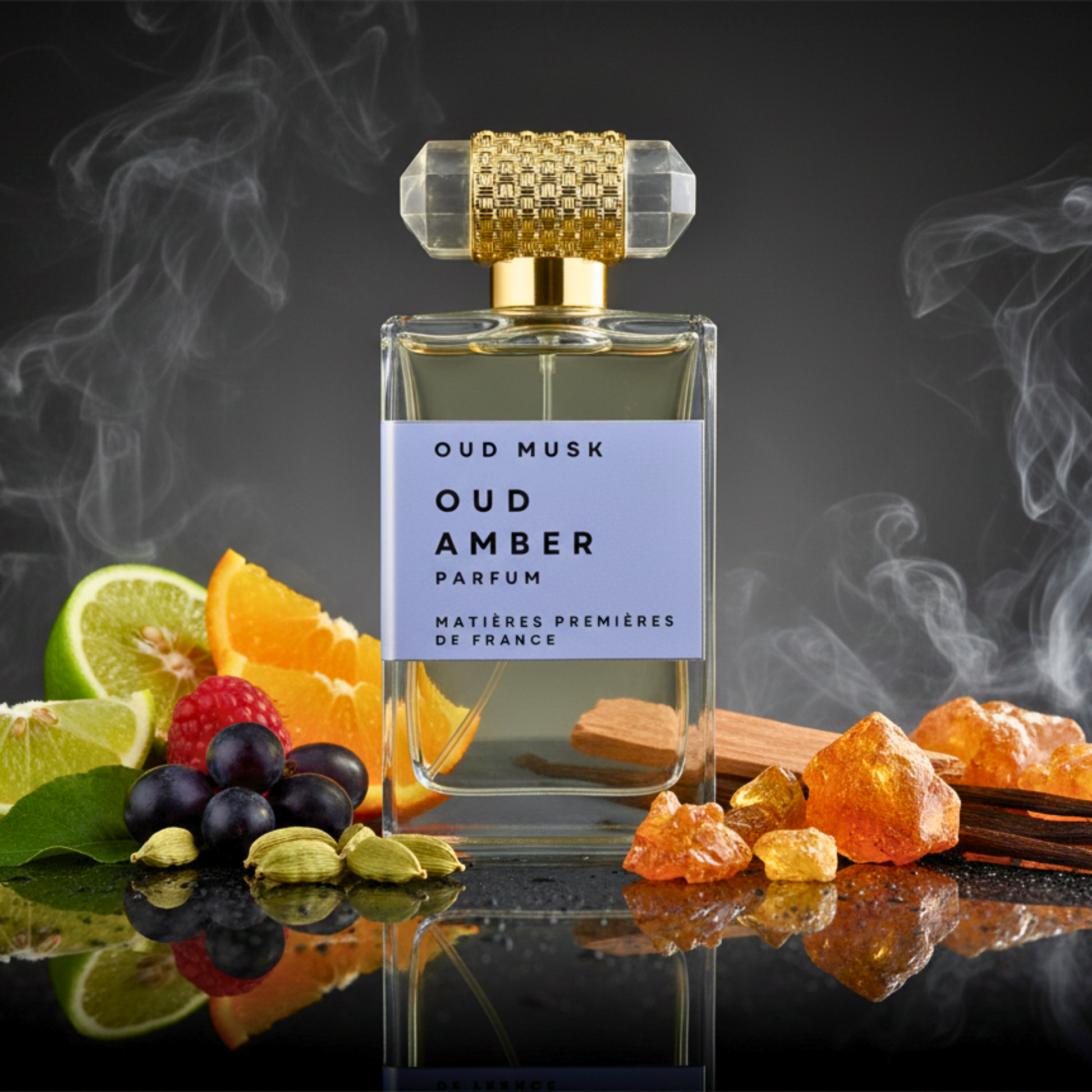 Perfume bottle labeled 'Oud Musk Oud Amber' with fruits and amber on a dark background