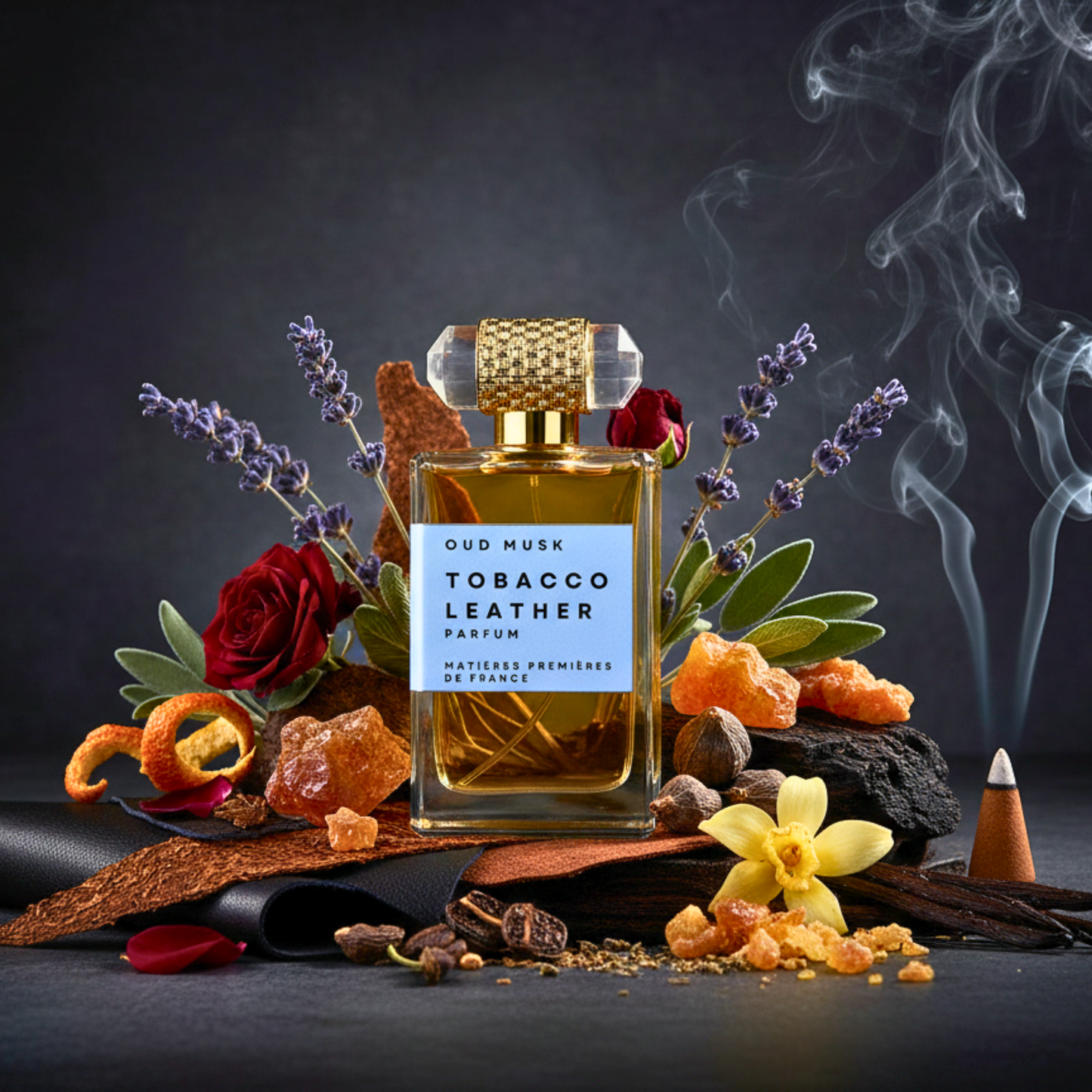 Perfume bottle labeled 'Oud Musk Tobacco Leather' surrounded by flowers and spices on a dark background