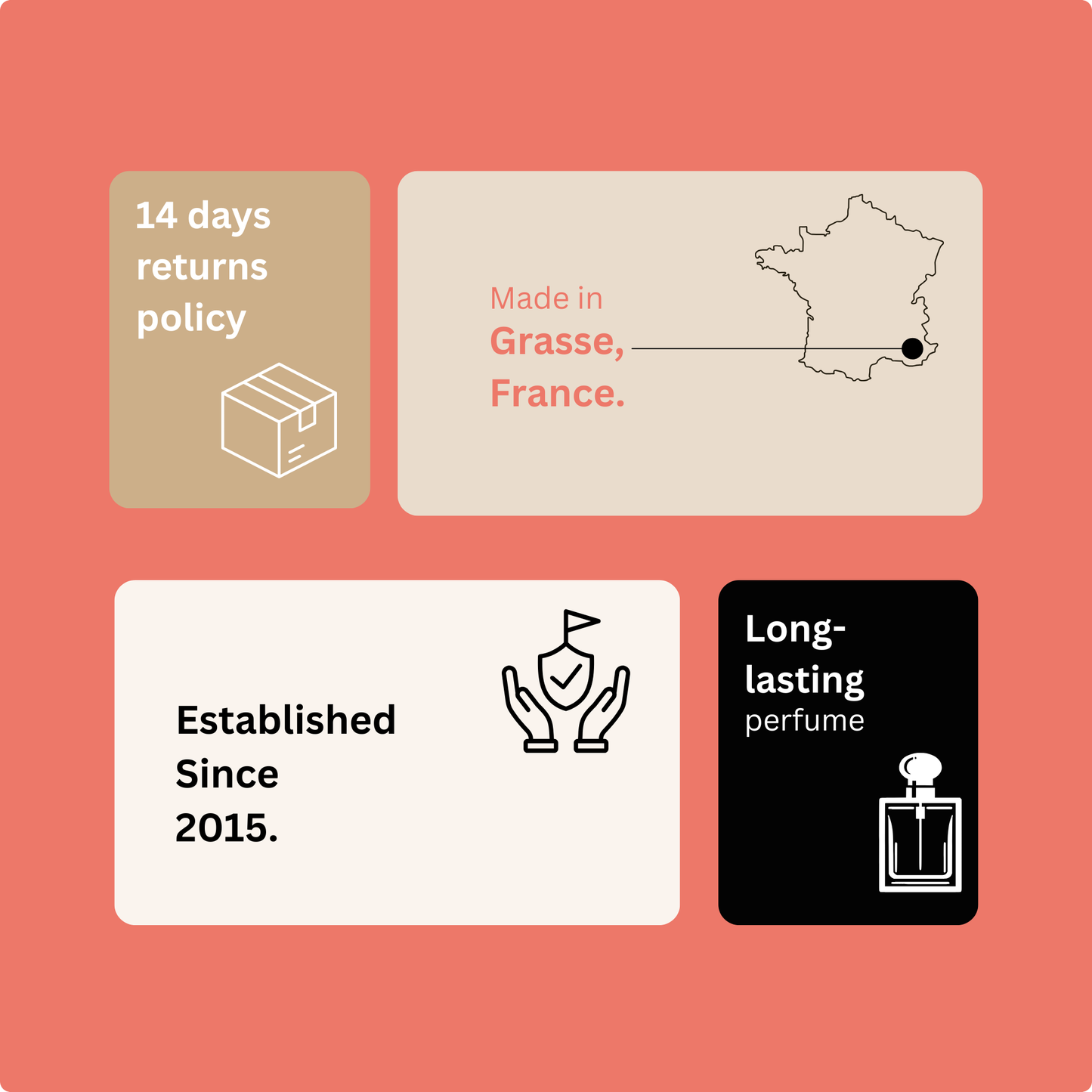 Product information card with icons and text on a red background