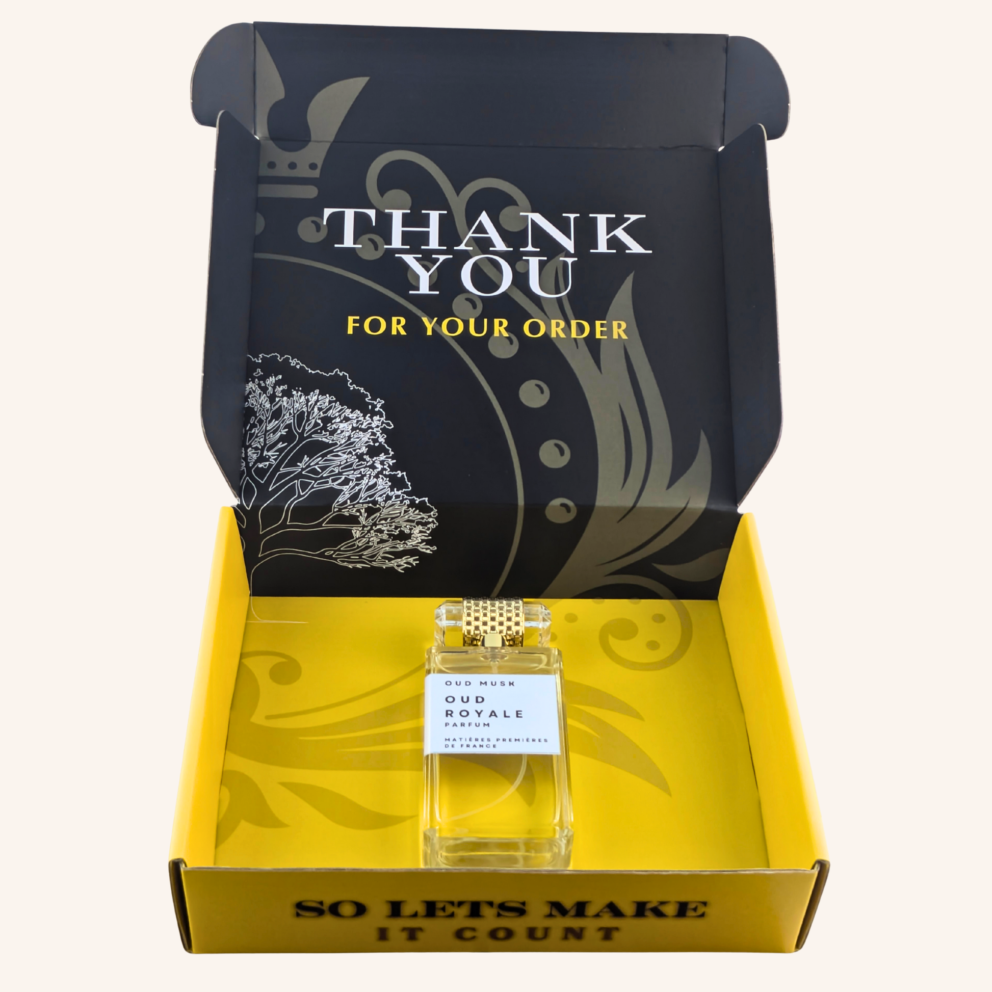 Perfume bottle in a yellow box with a 'Thank You' card on a white background
