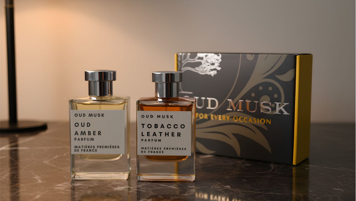 Two perfume bottles and their packaging on a reflective surface with a neutral background