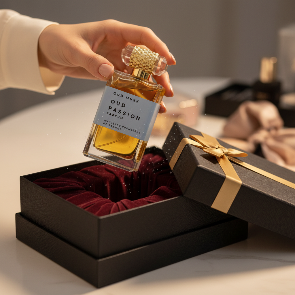 lady putting my bottle in a luxury box